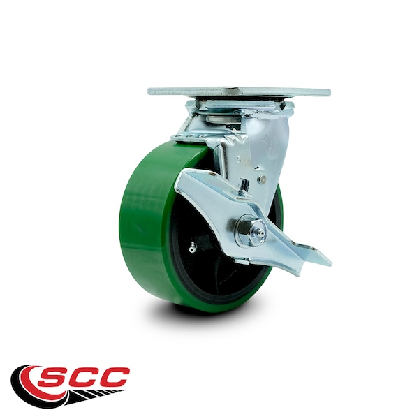 5 Inch Green Poly on Cast Iron Swivel Caster with Ball Bearing and Brake SCC